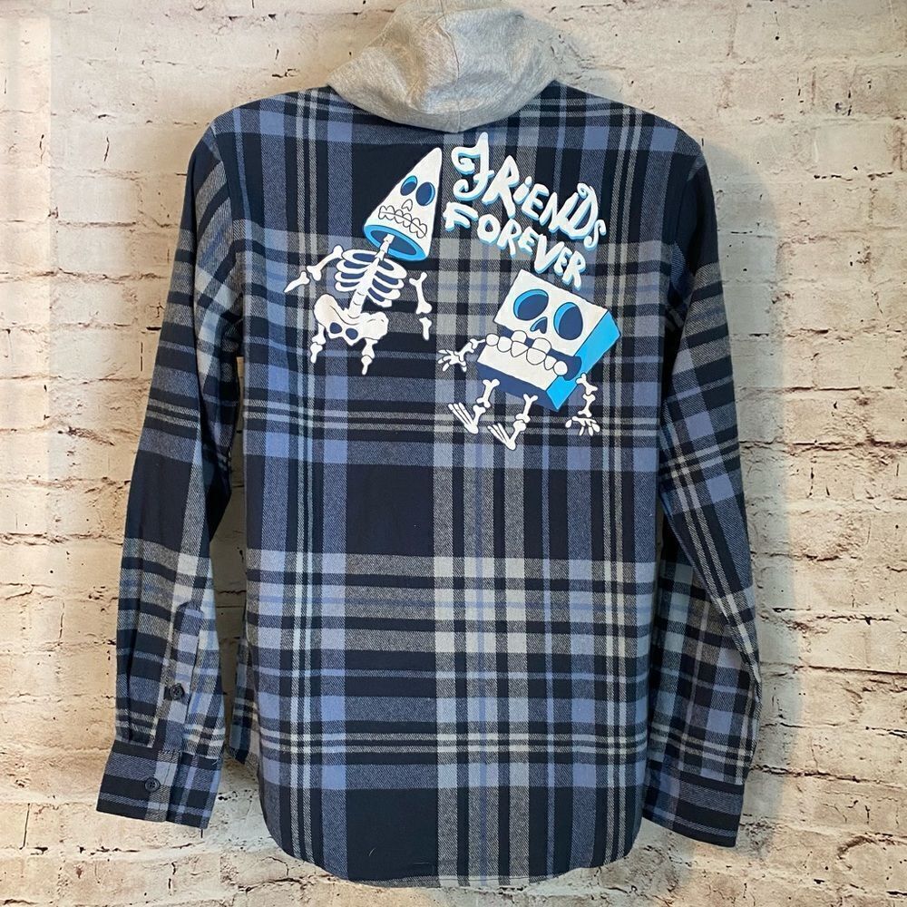 Spongebob Hooded Flannel Button Down Shirt Long Sleeve Friends Forever Medium